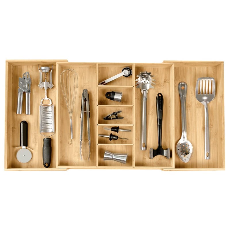 KitchenEdge Adjustable Kitchen Drawer Organizer for Utensils and Junk, Food-Safe Contract Grade with 100% Sustainable Wood, Expandable from 19 to 33 Inches Wide - Natural Bamboo - Image 1